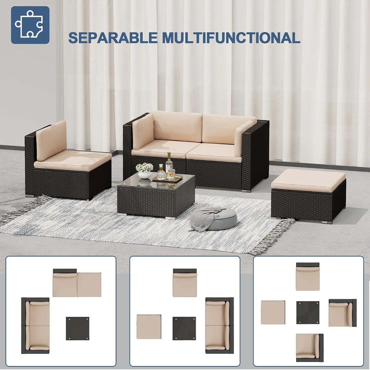 Outdoor All Weather Rattan 5 Piece Patio Sectional Sofa Set