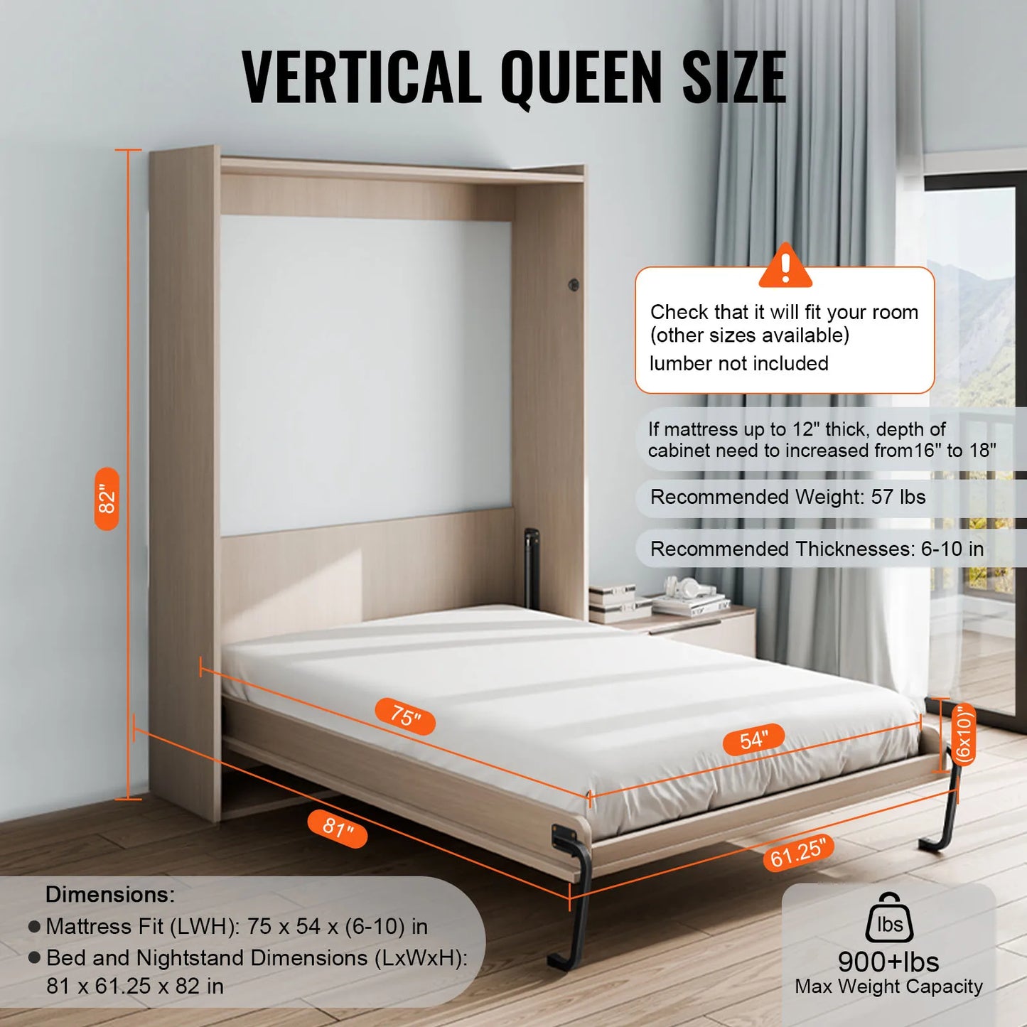 SucceBuy Murphy Bed Kit Full Size Vertical Deluxe DIY Wall Mechanical Hardware Pneumatic Lever Heavy Duty Frame for Guestroom