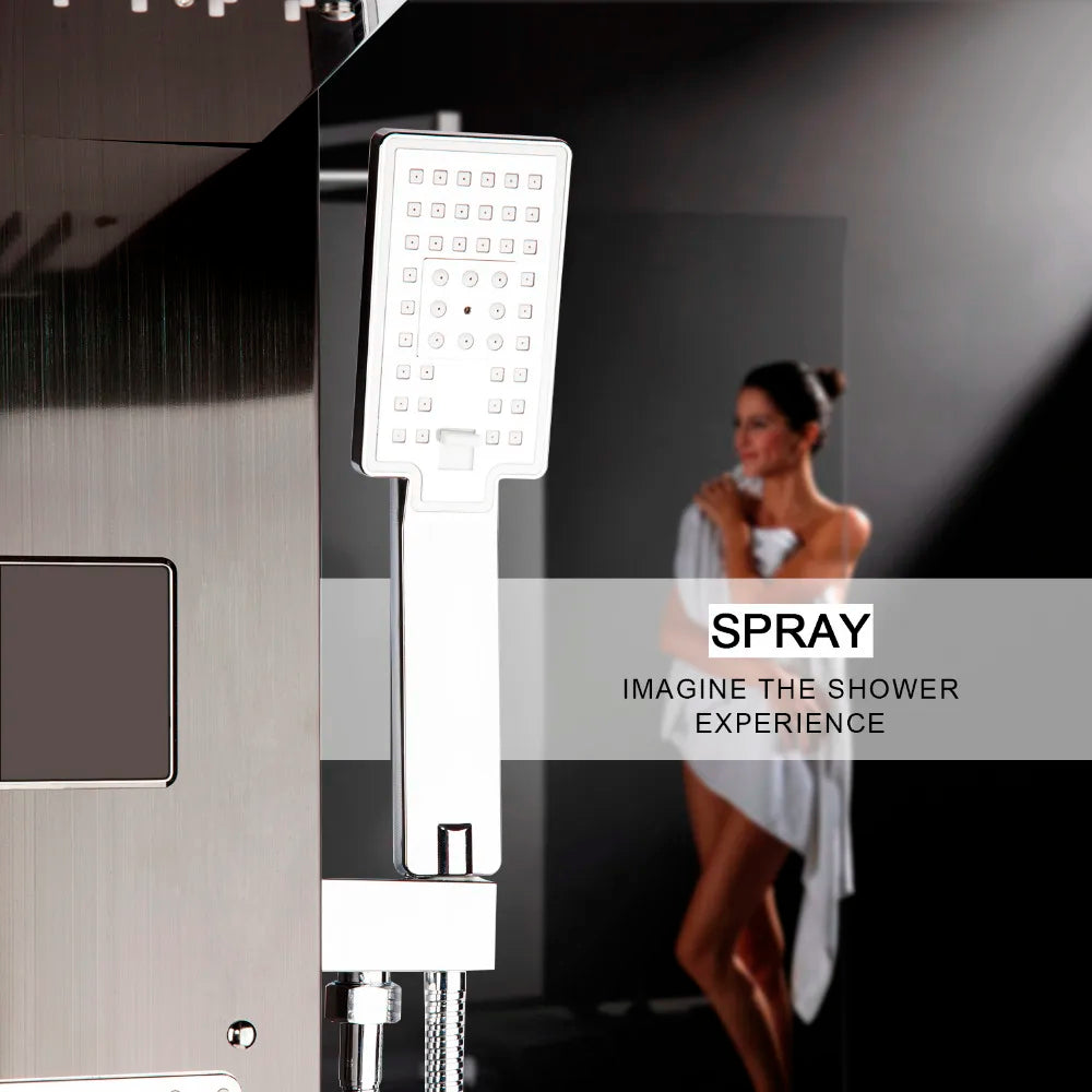 KEMAIDI Black LED Shower Panel Set Bathroom Rainfall Shower Column Set Rain Massage Shower System w/ Body Jets Digital Display