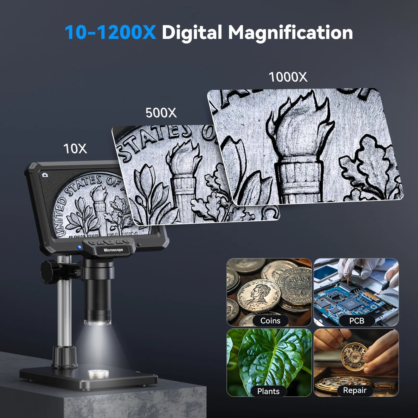 7inch Microscope 1200X 16MP HD Electronic Microscopes Camera Magnifier for Soldering Phone Repair Microscope, Coin, PCB, PC View