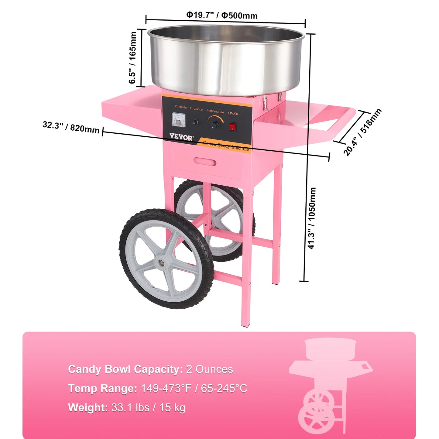 SucceBuy Electric Cotton Candy Machine with Cart Commercial Candy Floss Maker with Stainless Steel Bowl Sugar Scoop and Drawer
