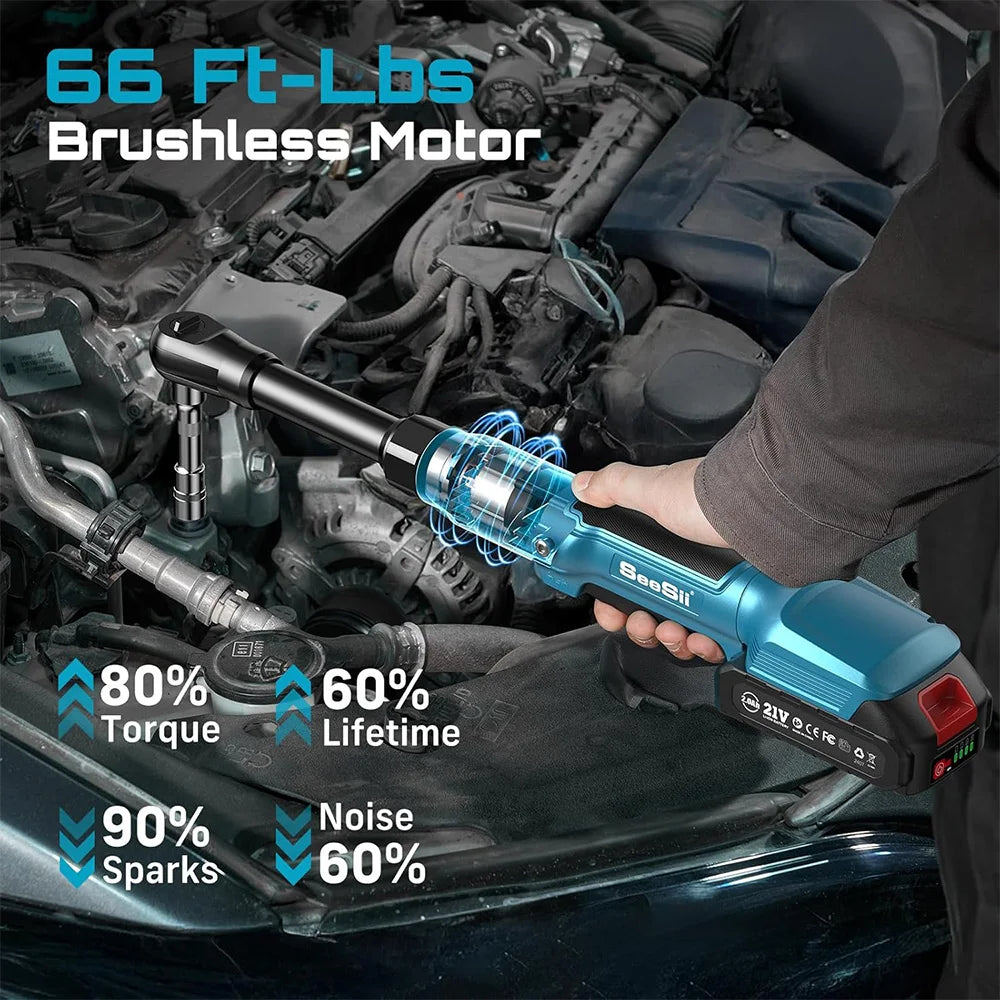Seesii 3/8'' 80Nm Cordless Electric Wrench 6'' Extended Ratchet Wrench Electric Angle Wrench Driver Auto Repair Tools Set 12V
