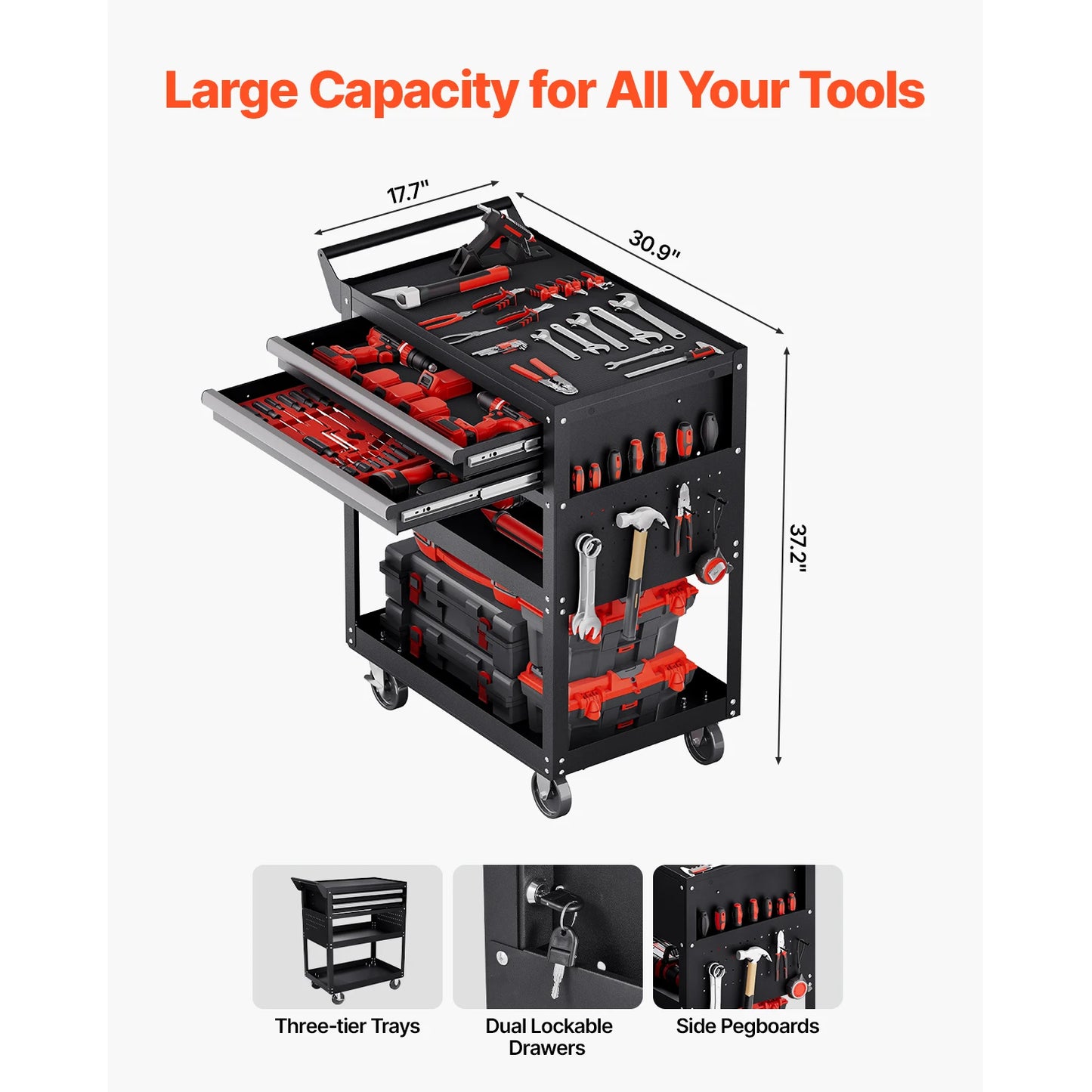 SucceBuy 5-Tier Tool Chest 2-Drawer Rolling Tool Work Cart with Locking & Pegboard Tools Storage Organizer for Garage Warehouse