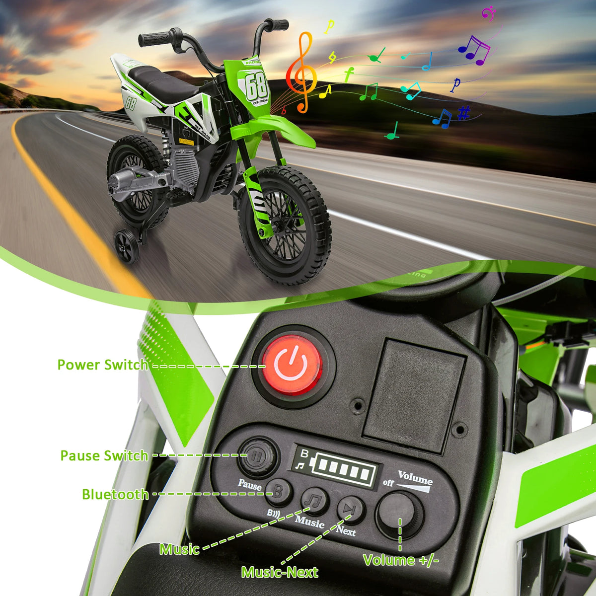 HiMiss Kids Electric Dirt Bike With Training Wheels Motorcycle