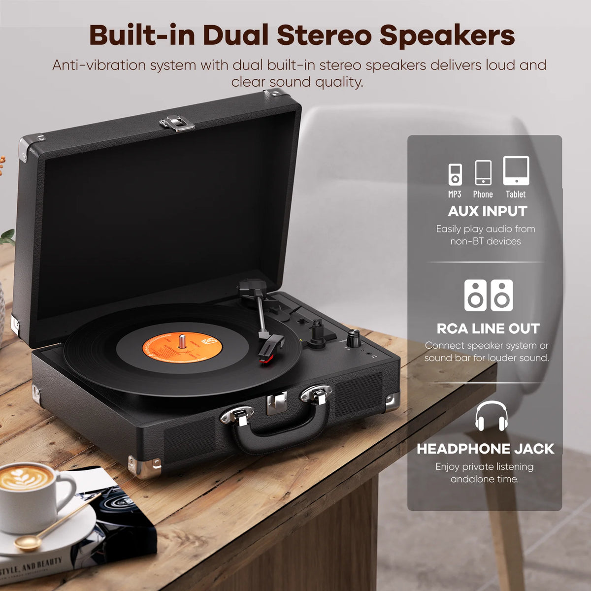 Maio 3-Speed Record Player With Built-in Stereo Speakers