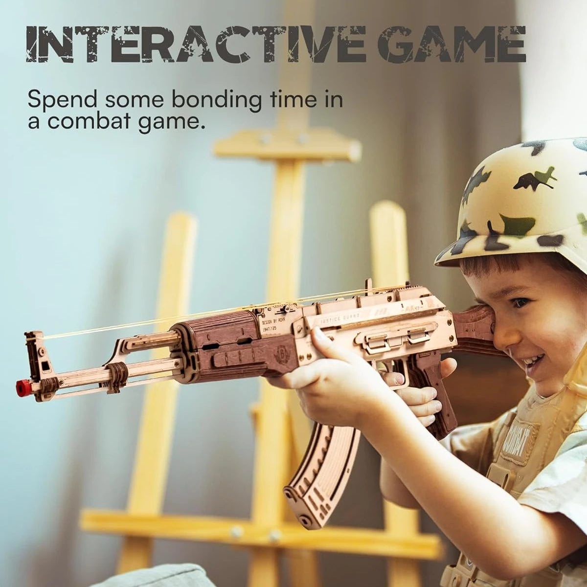 ROKR AK47 wooden rifle model toy, DIY rubber band gun, 3D wooden model assembly kit, single shot/burst mode