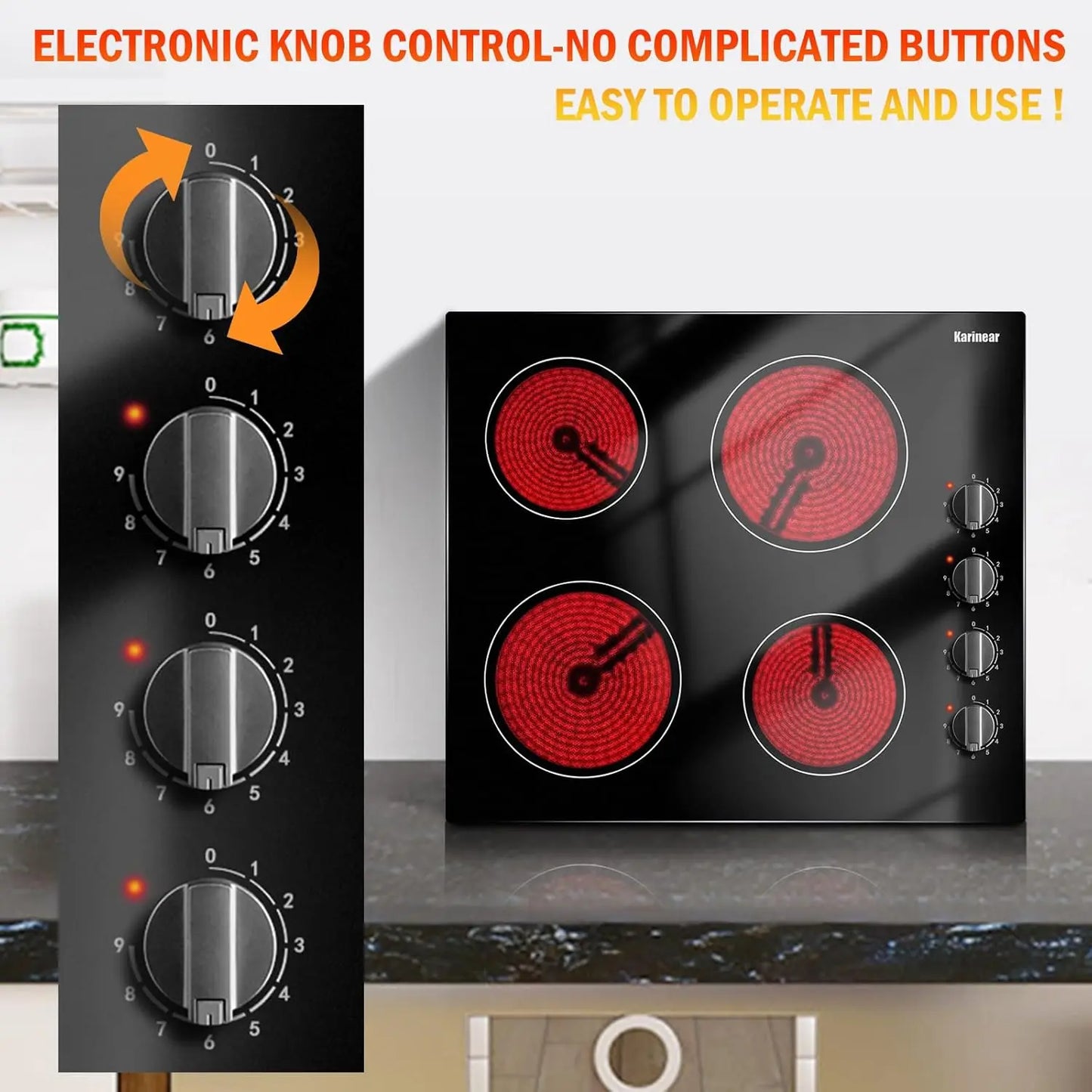 Karinear 4 Burners Electric Cooktop, 24 Inch Built-in, 220-240v, 6000W, Knob Control, Residual Heat Indicator,Hard Wire(No Plug)