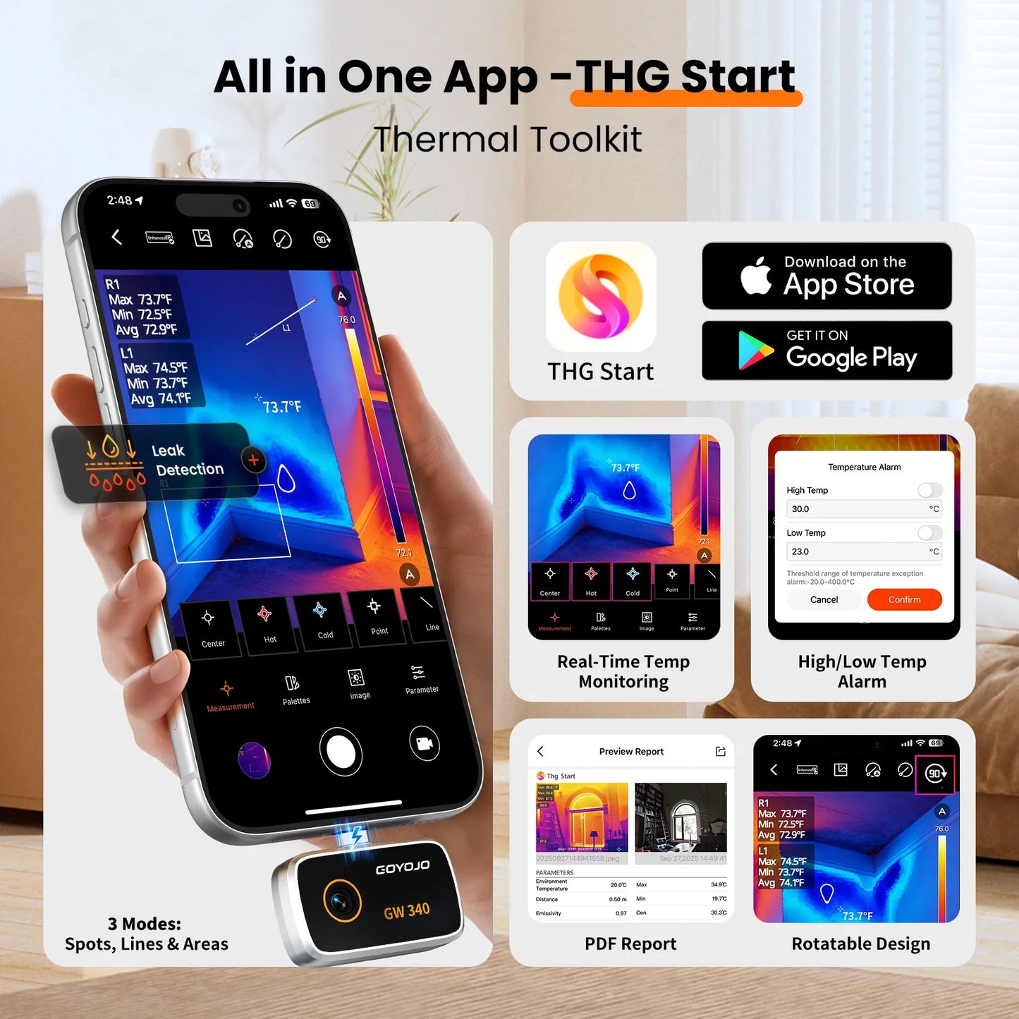 GW340 Thermal Camera for Android/iPhone (USB-C), 512x384 Super Resolution (256x192 Native IR), Thermal Imager Samsung/iOS 17/16/15 Series & IPads USB-C Port, HVAC, Automotive -4°F~752°F