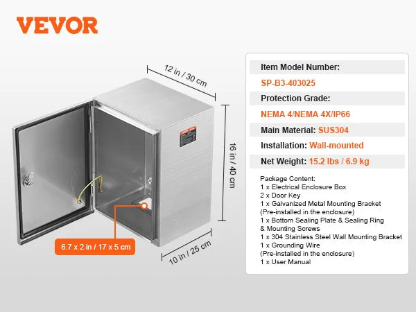VEVOR Stainless Steel Electrical Enclosure Box IP66 Outdoor