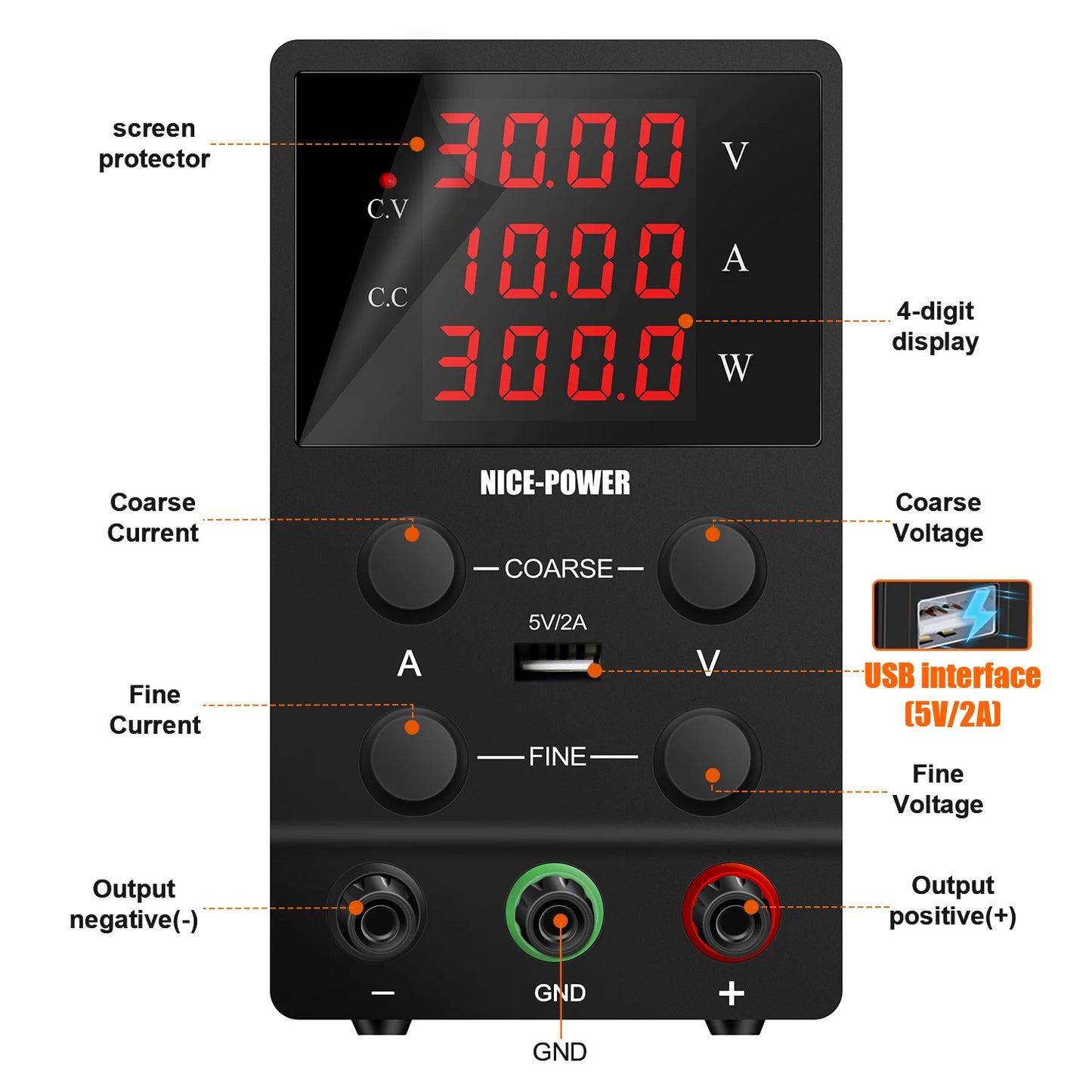 Adjustable DC Power Supply 30V5A150W Variable Bench Power Supply with 4-Digit LED Display,USB Port, for Lab, Electronics Repair,