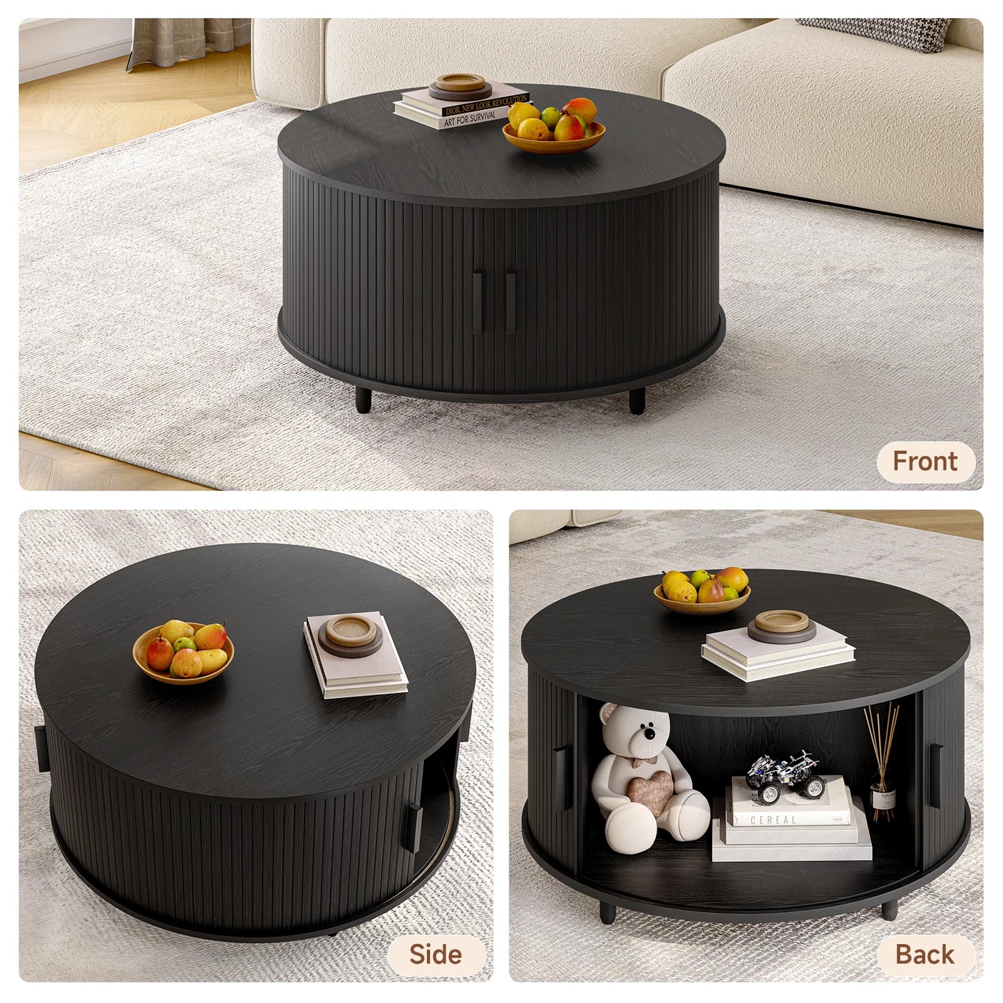 Round Coffee Table with Storage, 31.5 In Drum Coffee Table with 360° Curved Sliding Door, ModernFluted Wood Accent Coffee Tablee