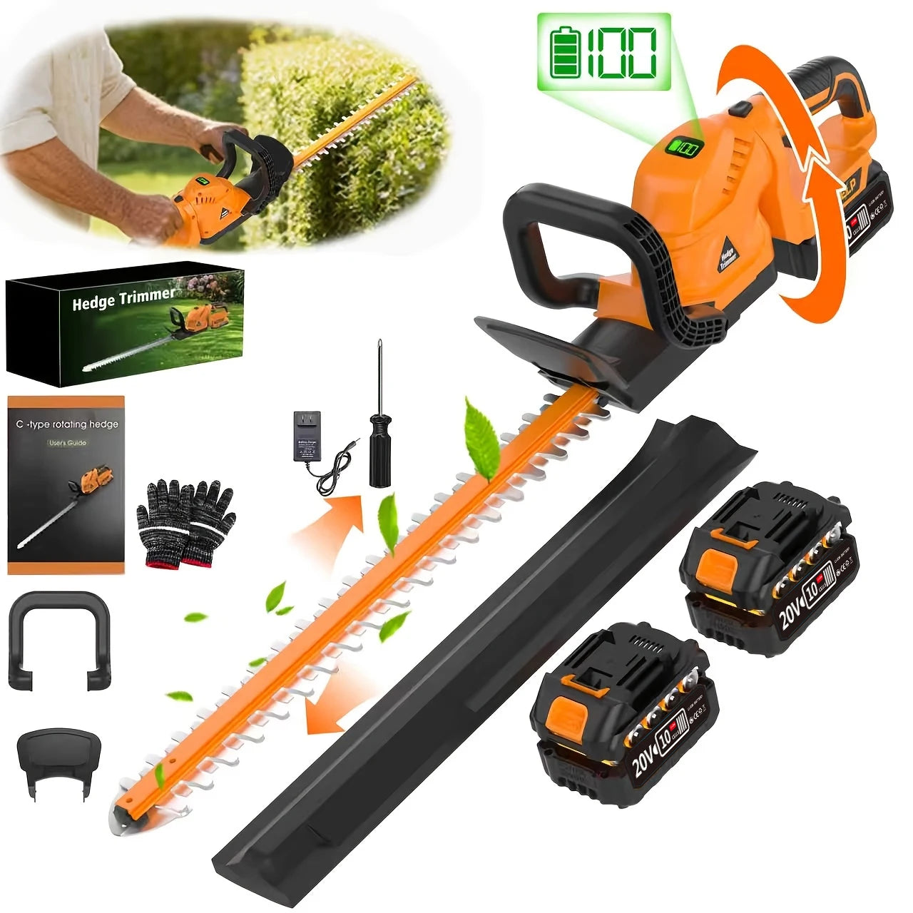 Cordless Hedge Trimmer & Pruner, Optional Mini Hedge Trimmer | 20V Battery, 22-inch Blade, Ideal for Lawns, Shrubs and Branches