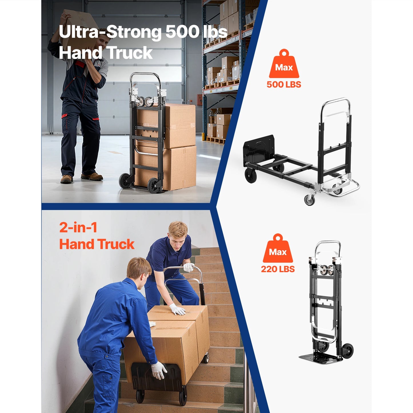 SucceBuy 2 in 1 Folding Hand Truck 500lb Load Capacity for 4-Wheel Mode Convertible Hand Truck Dolly with Wheels for Moving Home