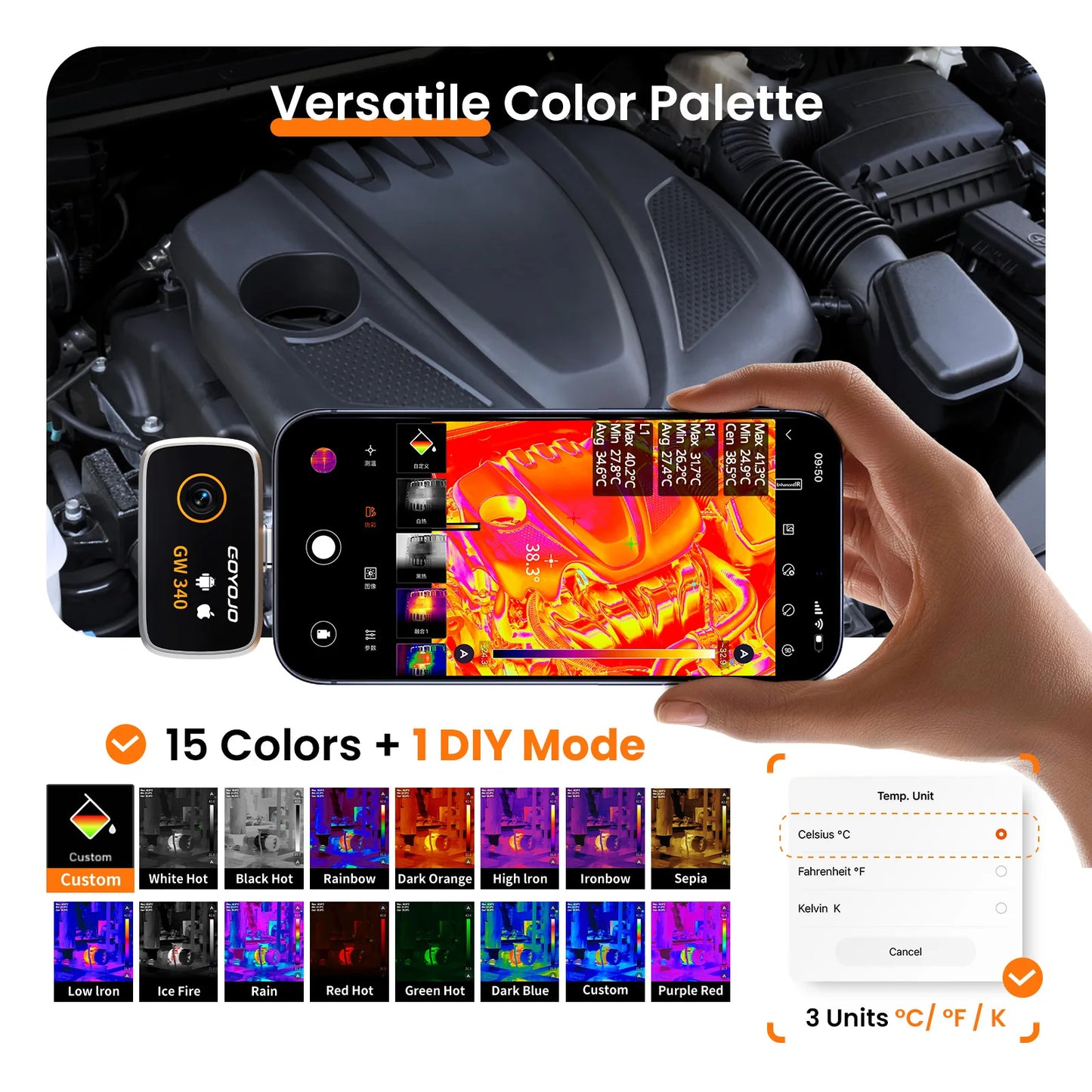GW340 Thermal Camera for Android/iPhone (USB-C), 512x384 Super Resolution (256x192 Native IR), Thermal Imager Samsung/iOS 17/16/15 Series & IPads USB-C Port, HVAC, Automotive -4°F~752°F