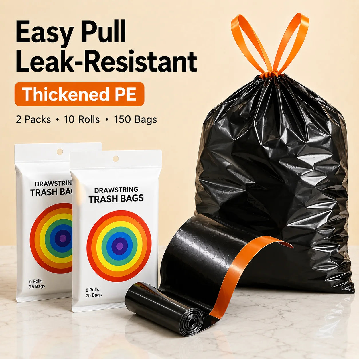 Joybos Easy Pull Drawstring Trash Bags, Thickened PE Kitchen & Bathroom Garbage Bags, 2 Packs 150 Count
