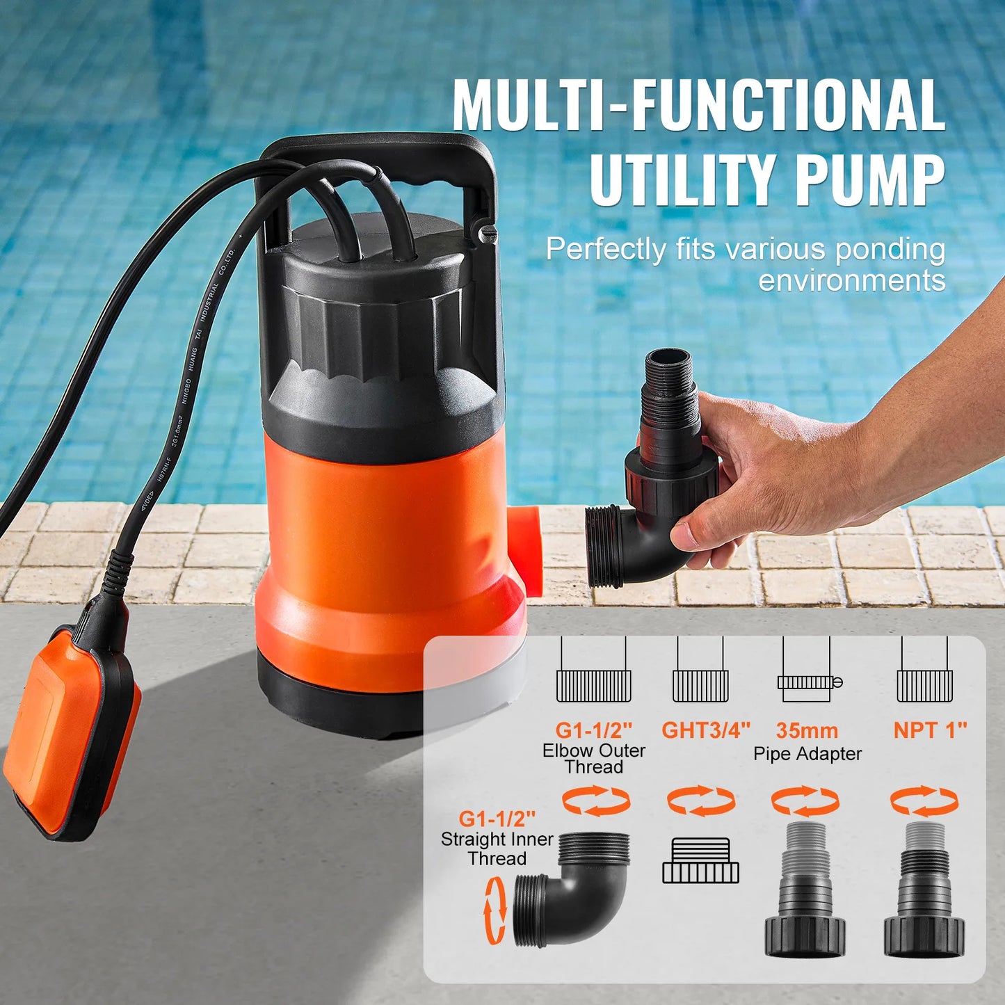 SucceBuy Utility Pump 1HP 4000GPH High Flow 31ft Head Sump Submersible Water Pump with 10ft Long Power Cord for Draining Water