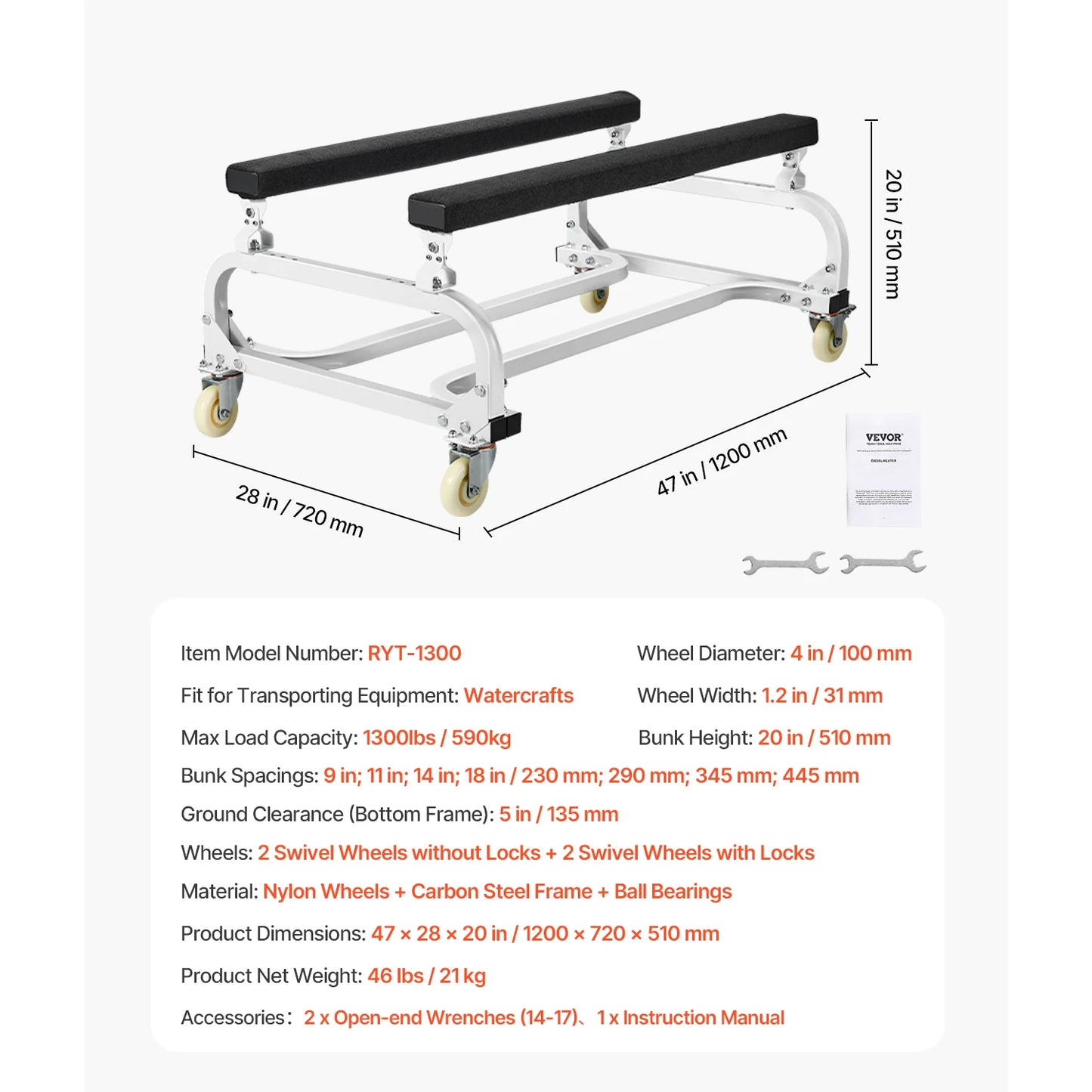 SucceBuy 1000/1300LBS Watercraft PWC Dolly Jet Ski Stand PWC Cart with 4 Casters & Adjustable Bunks for Moving Kayaks Speedboats