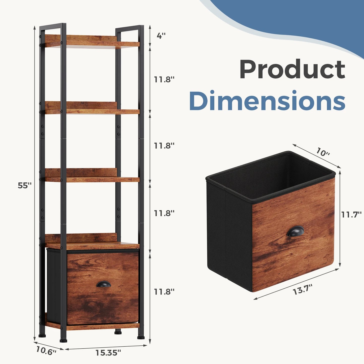 JHK Wood 5 Tier Bookshelf with 1 Fabric Drawer Multi-Functional Display Standing Shelf for Books Movies and Storage Organizer
