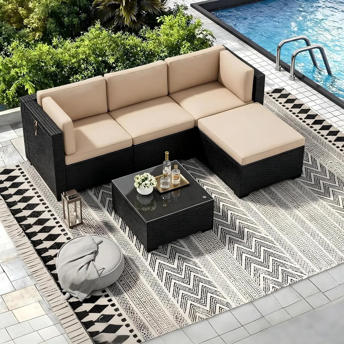 Outdoor All Weather Rattan 5 Piece Patio Sectional Sofa Set