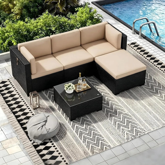 Outdoor All Weather Rattan 5 Piece Patio Sectional Sofa Set
