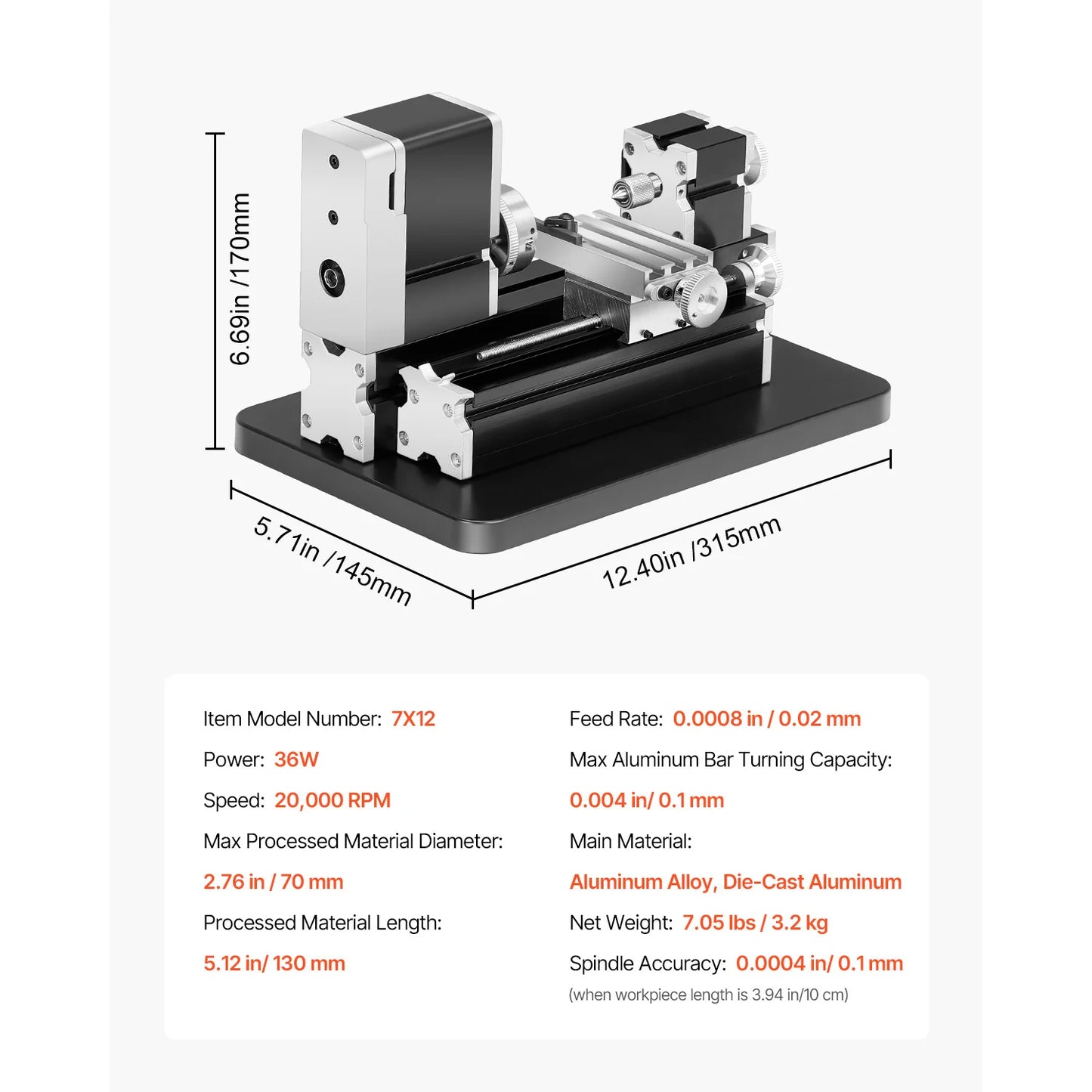 SucceBuy 2.76x5.12 in Mini Metal Lathe Machine 36W 20,000 RPM Speed + 3-jaw Chuck Aluminum Alloy for Processing Precision Parts