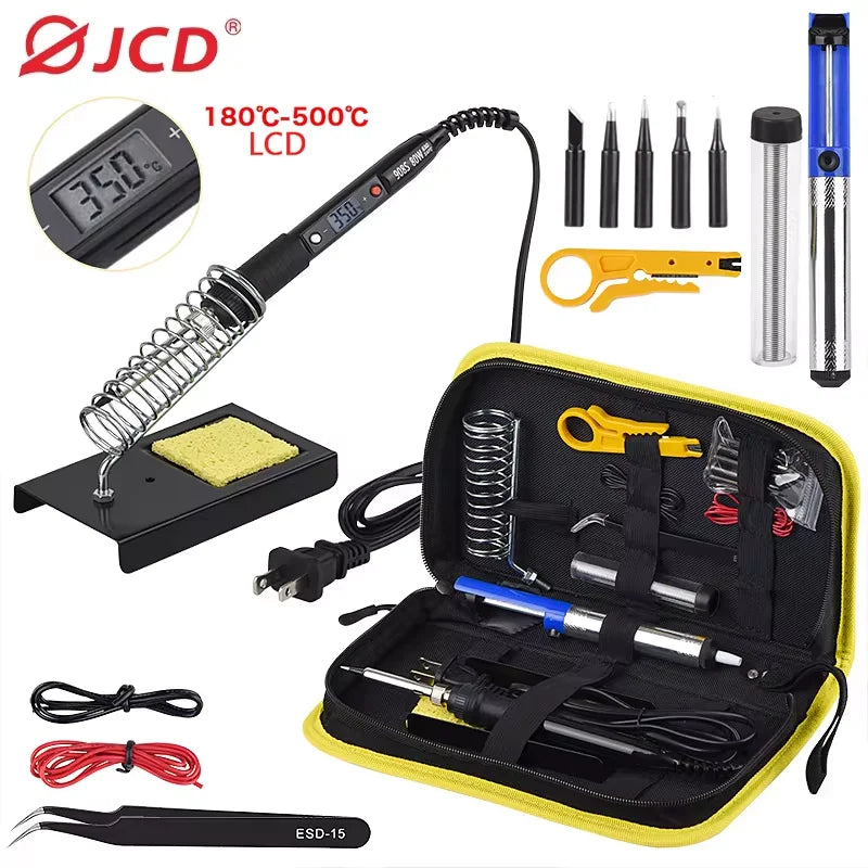 JCD 80W Electric Soldering Iron Set Adjustable Temperature 110V Replaceable Soldering Iron Head Soldering Iron Pen Welding Kit