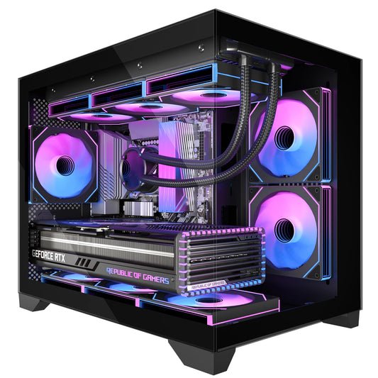 Micro-ATX Gaming PC Case with 270° View Tempered Glass, Pre-Installed 3 PWM ARGB Fans & Magnetic Filter, Supports Standard ATX