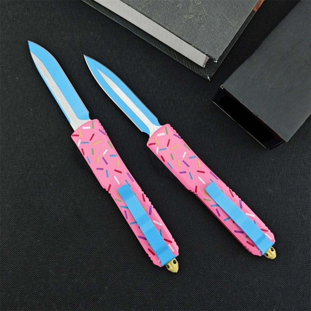 Outdoor Tactical Folding Knife 3.46 Inch D2 Blade T6 Aluminum Pink Donut Handle Deep Pocket Clip EDC Camping Hiking Hunting Tool