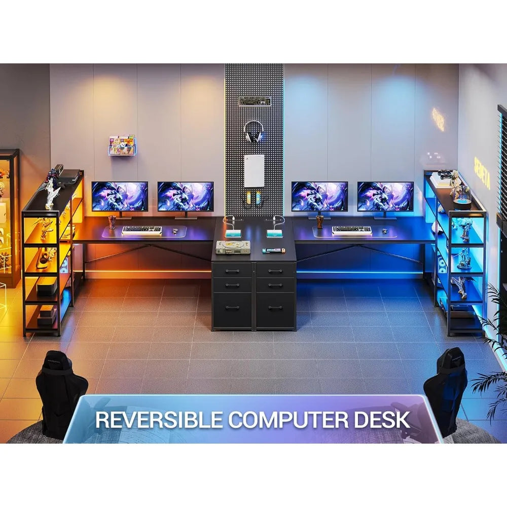L Shaped Gaming Desk, Reversible U Shaped Computer Desk with Power Outlet and Storage Shelves, Corner Gaming Desk, Customized