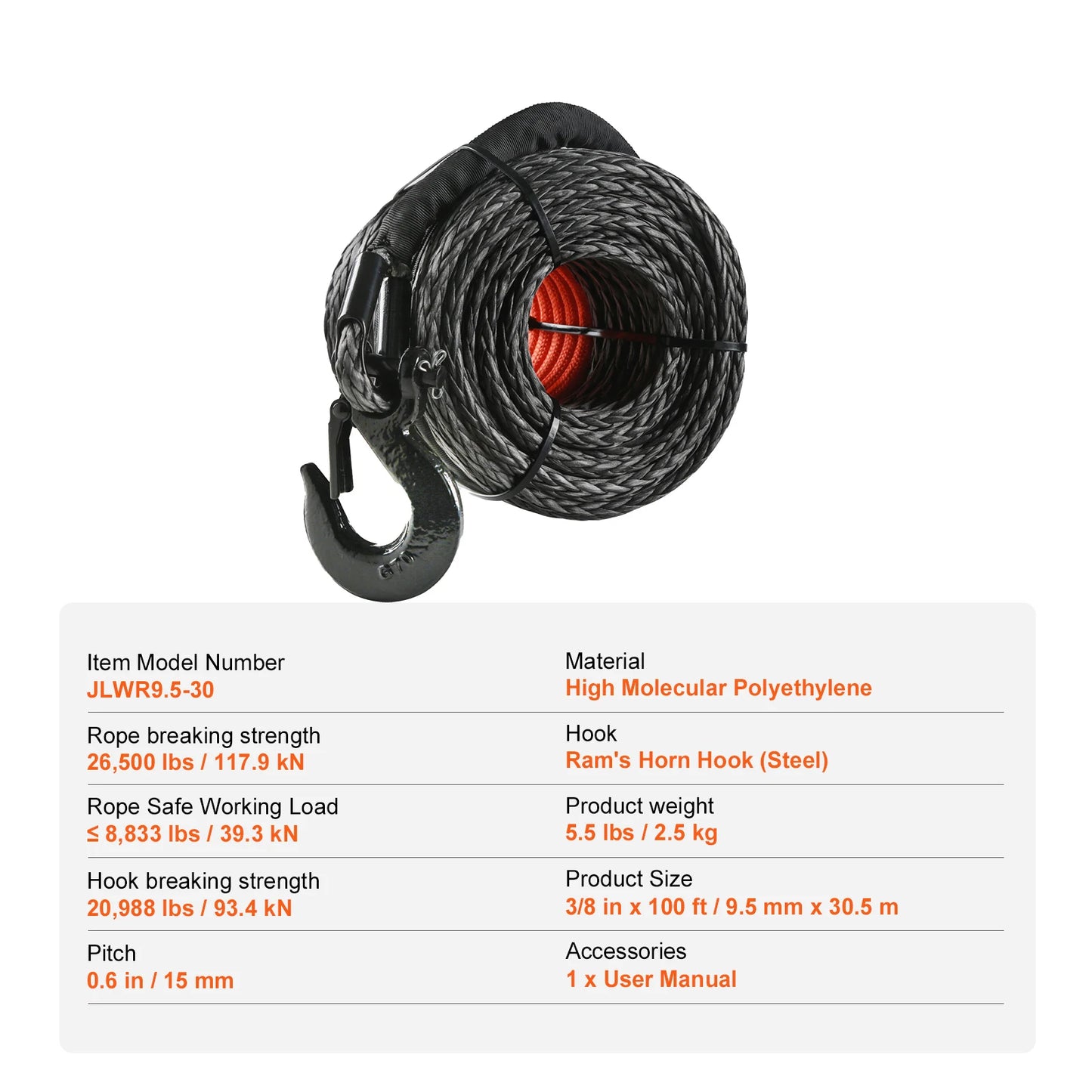 SucceBuy 26500/32000Lbs Synthetic Winch Rope Truck Boat Replacement Line Cable Rope with Forged Hook ATV Car Outdoor Accessories