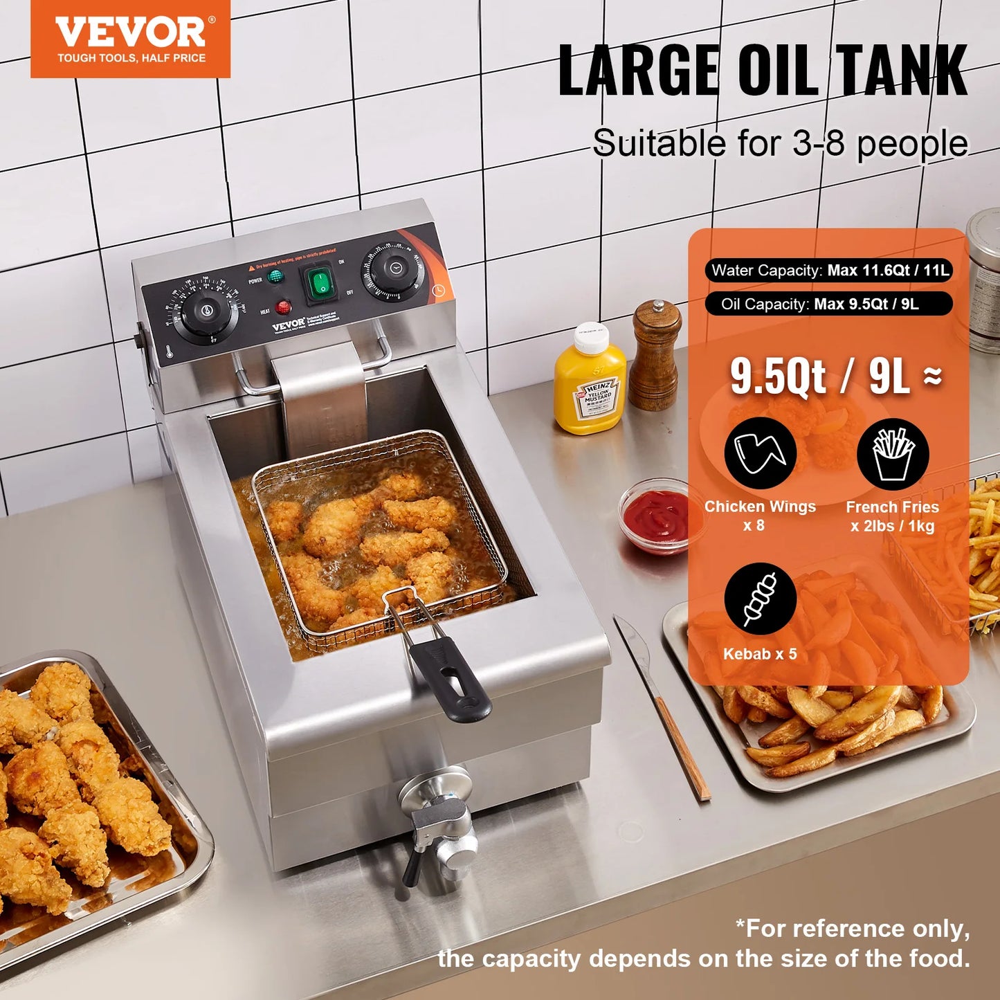 SucceBuy Commercial Deep Fryer Electric Countertop Fryer with Basket 11.6Qt Stainless Steel Single Oil Fryer w/Time&Temp Control
