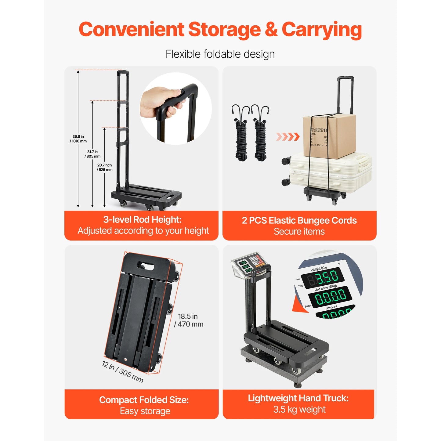SucceBuy Folding Hand Truck 500 lbs Load Capacity Collapsible Luggage Cart with 6 Wheels 2 Elastic Ropes & Expandable Base Black