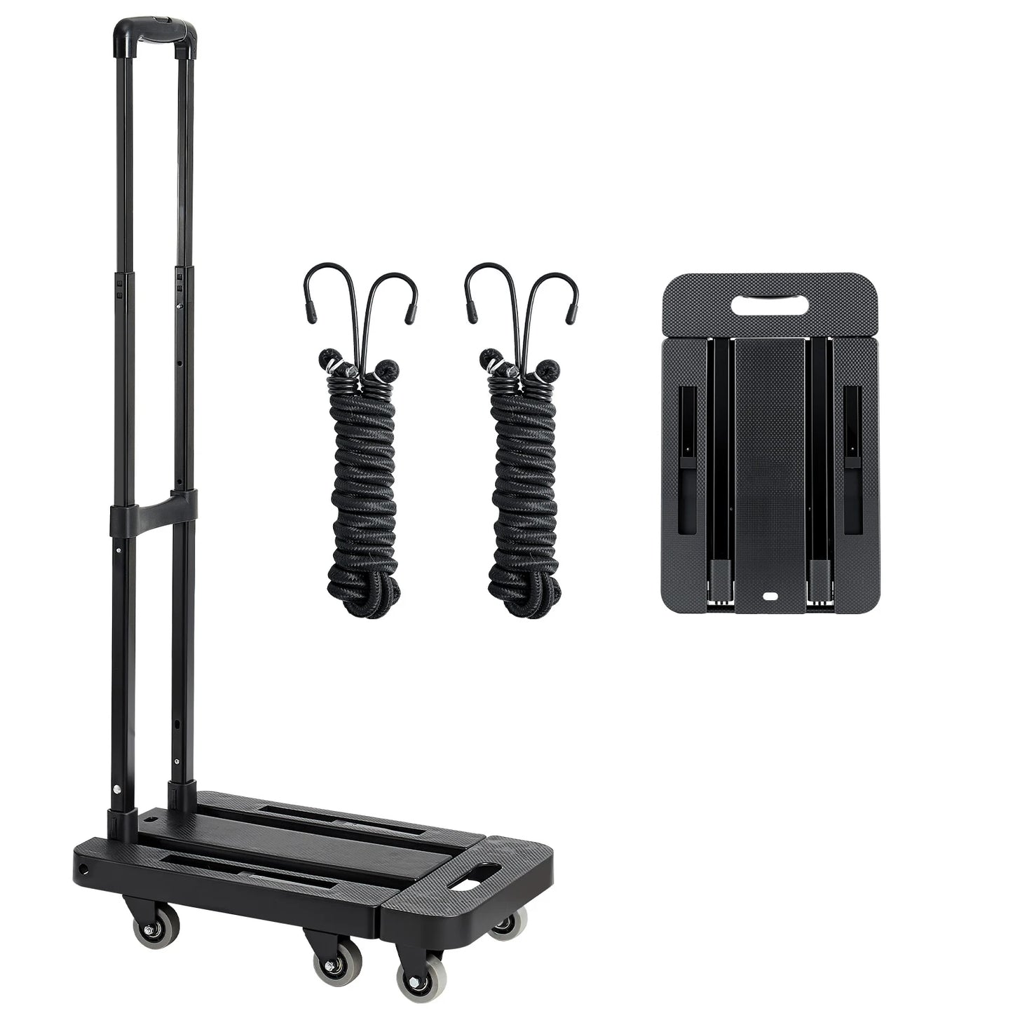 SucceBuy Folding Hand Truck 500 lbs Load Capacity Collapsible Luggage Cart with 6 Wheels 2 Elastic Ropes & Expandable Base Black