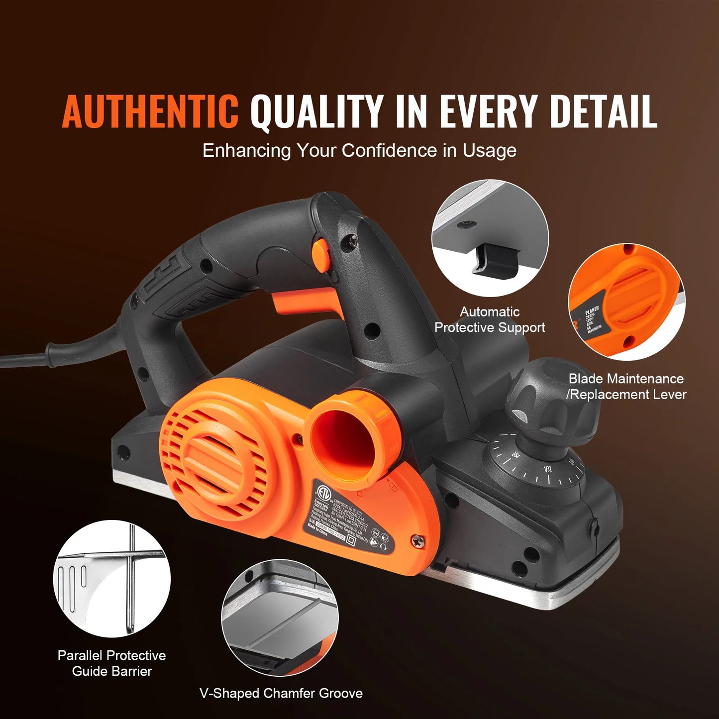 VEVOR Electric Hand Planer 3-1/4" width 16500 RPM High-Speed Powerful Electric Corded Handheld Planers for DIY Woodworking Tool