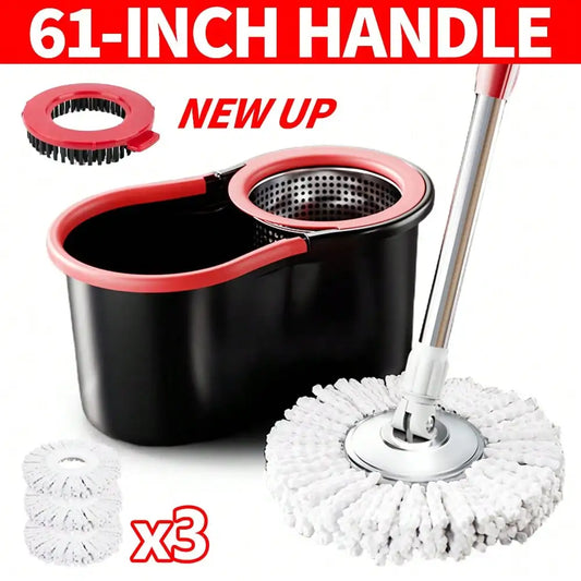 Mop And Bucket Set With 360° Rotatable Mop 3 Microfiber Heads 61-Inch Adjustable Handle Efficient Cleaning Supplies