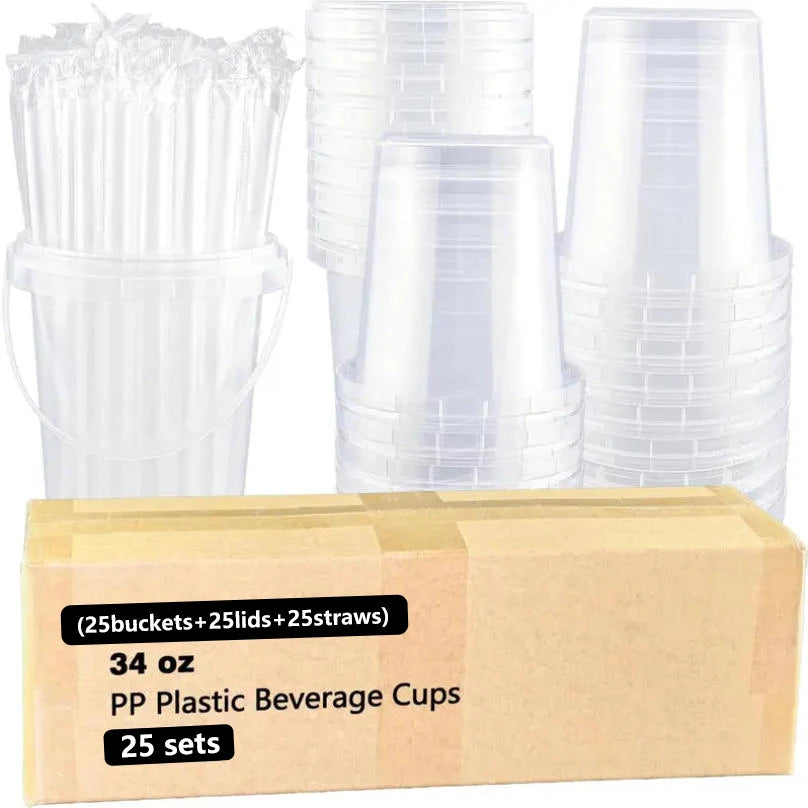 25 sets of 34-ounce plastic cups (with lids and straws) - disposable/reusable large fruit cups, fruit buckets with transparent cups, fruit salads, cold drinks, hot drinks, cakes, ice cream buckets, beach parties, vacations, p