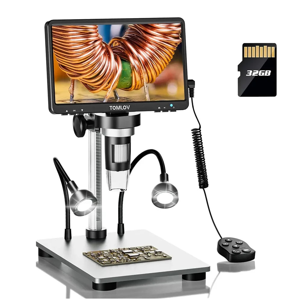 TOMLOV DM9 7" LCD Digital Microscope 1200X 1080P Coin Microscope Magnifier 12MP Ultra-Precise Focusing Soldering Microscope