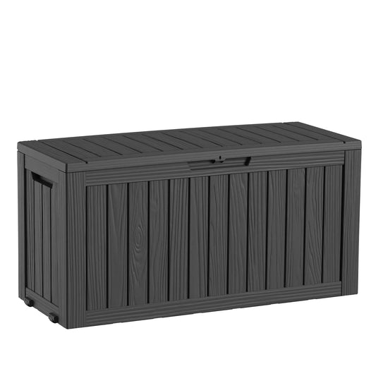 75 Gallon Black Outdoor Storage Box Waterproof Resin Deck Box with Wheels Lockable Patio Garden Storage Container for Cushions Tools Pool Supplies