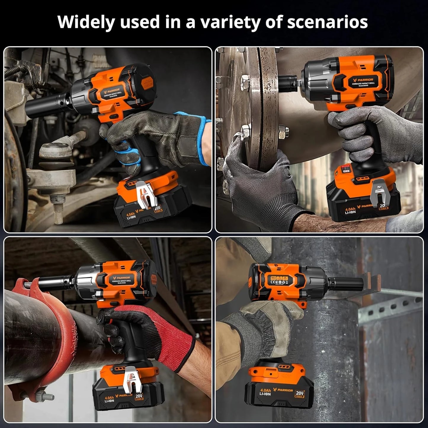 Impact Wrench 3-Speed Torque (380/600/900N.m) 1/2" Chuck + 3/8" Adapter 4Ah Battery & 2.0A Fast Charger (60min Charge) 6 Sockets Included – For Automotive Repair Heavy-Duty Tasks DIY