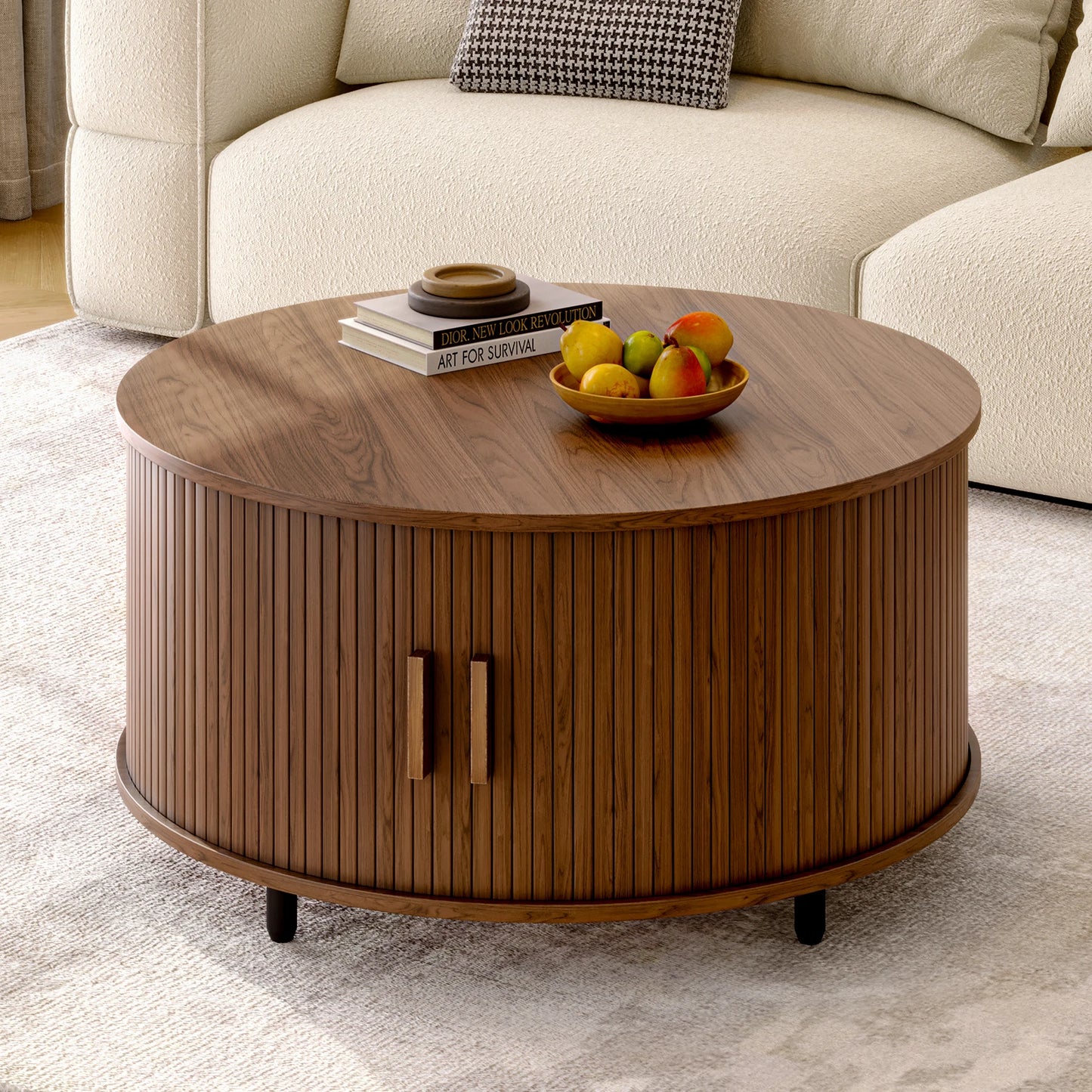Round Coffee Table with Storage, 31.5 In Drum Coffee Table with 360° Curved Sliding Door, ModernFluted Wood Accent Coffee Tablee