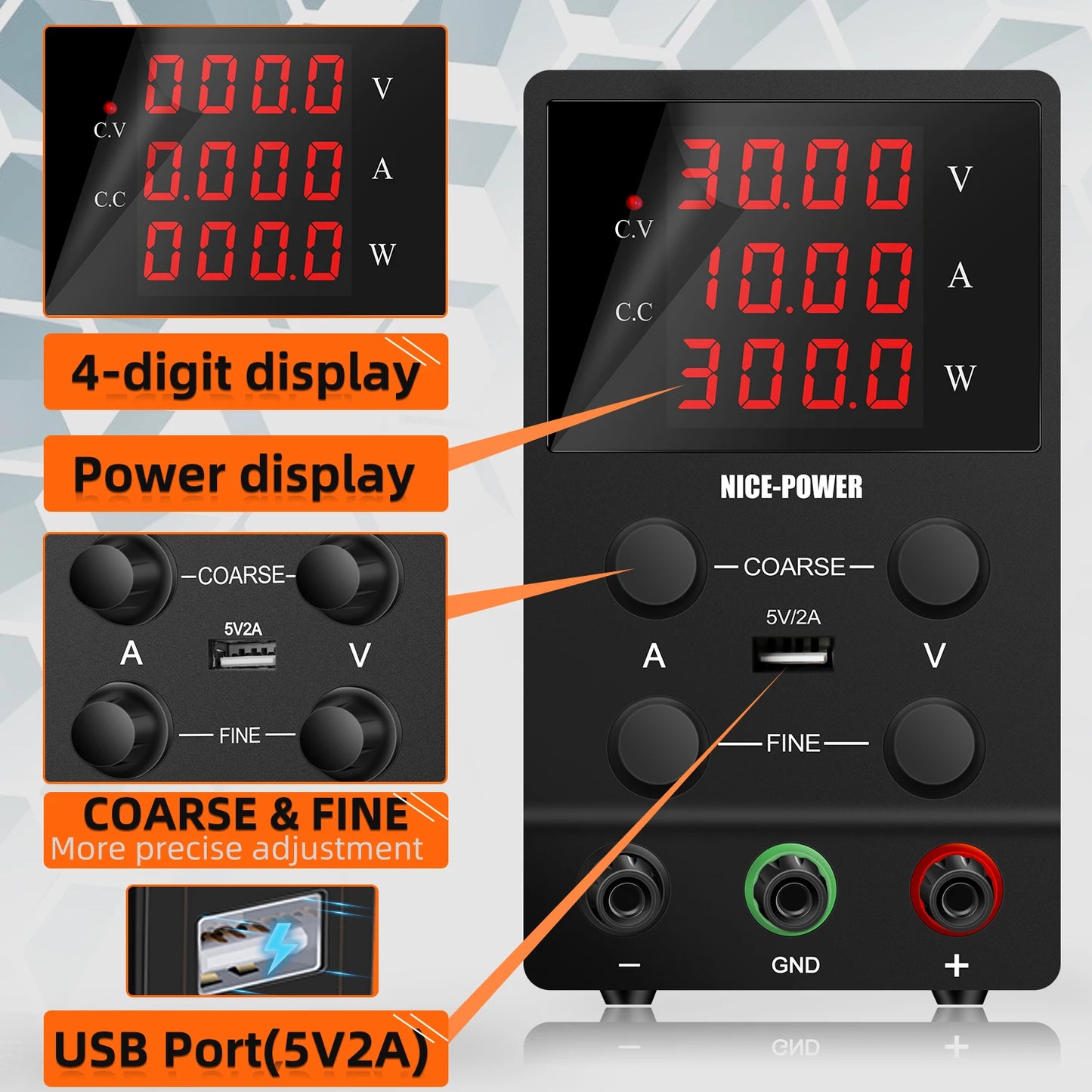 Adjustable DC Power Supply 30V5A150W Variable Bench Power Supply with 4-Digit LED Display,USB Port, for Lab, Electronics Repair,