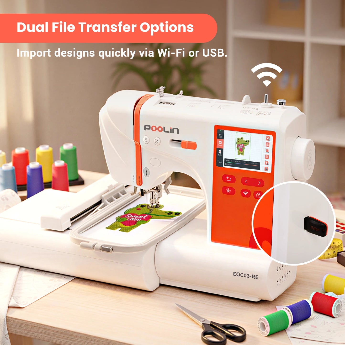 POOLIN EOC03RE Home Computerized Embroidery Machine for Beginners with  4*9.2" large embroidery area size