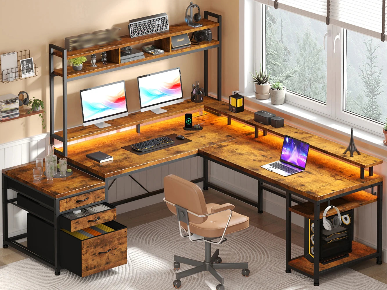 EnHomee  L Shaped Computer Desk with Power Outlet & Monitor Stand & LED Gaming Desk with Hutch Drawers for Living, Gaming Room
