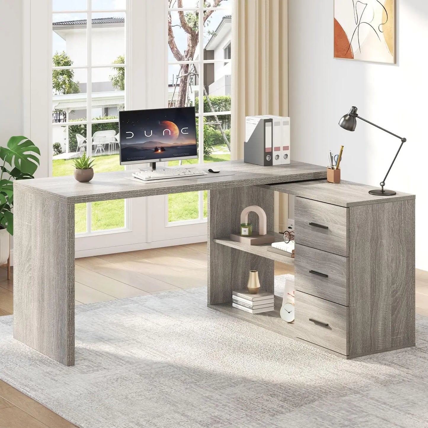 White L Shaped Desk with Drawers Shelves, 360 Rotating Office Computer Desk with Storage Cabinet, Corner Home, Customized