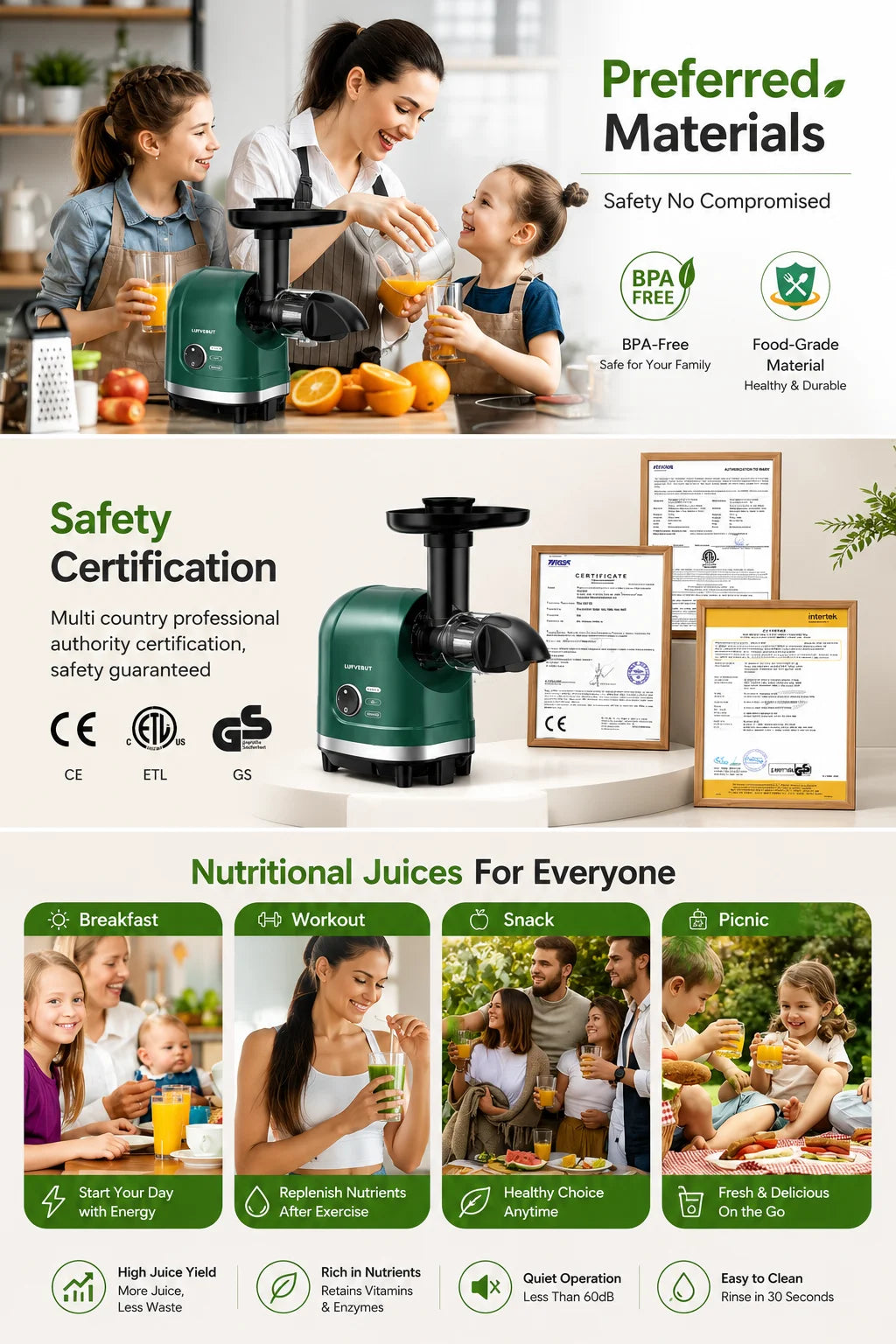 Slow Masticating Cold Press Juicer Reverse Function BPA-Free Quiet Easy Clean High Yield Fruit Vegetable Juice Extractor Home