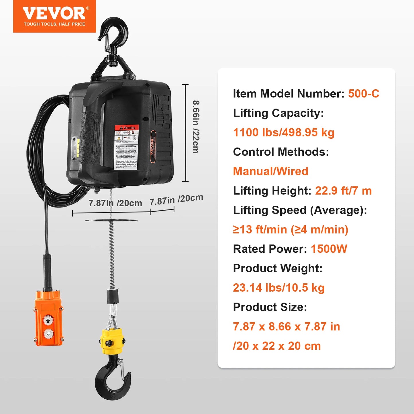 SucceBuy 1100lbs 1500W Electric Hoist Winch Portable Power Winch Crane with Wireless Remote Control for Overload Protection