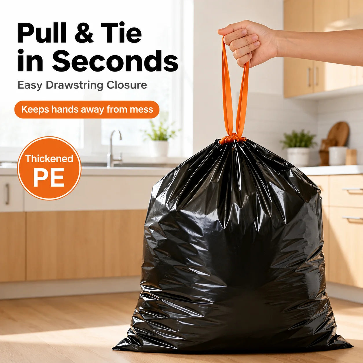 Joybos Easy Pull Drawstring Trash Bags, Thickened PE Kitchen & Bathroom Garbage Bags, 2 Packs 150 Count