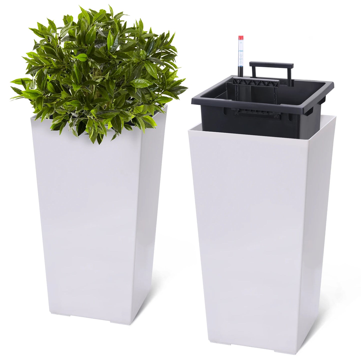 15.7"/22.5" Tall Planters Set Of 2, Self Watering Indoor Outdoor Front Porch Planter Pots With Drainage & Monitor Bucket