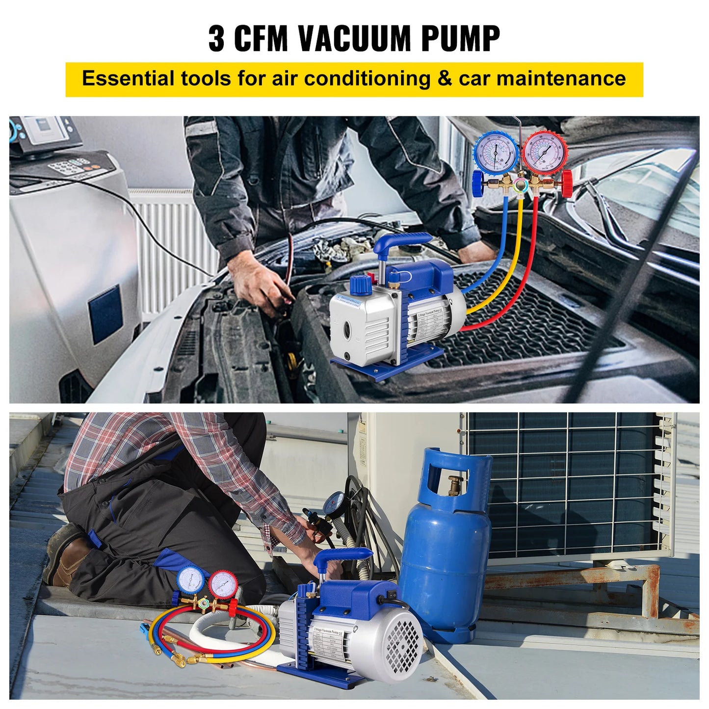SucceBuy 3CFM 1/4HP Single Stage Air Vacuum Pump HVAC R134a R12 R22 R410a A/C Refrigeration Kit AC Manifold Gauge R134 Can Tap