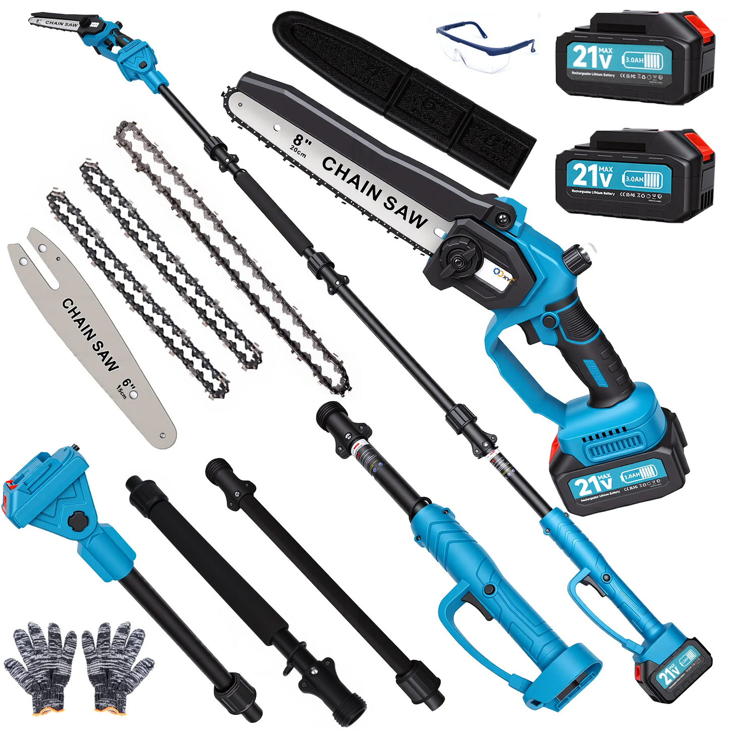 2-in-1 Electric Pole Saws, 6"&8"Cordless Power Saw with Extension Pole, Two 21V 3.0Ah Batteries for Wood Cutting/Tree Trimming